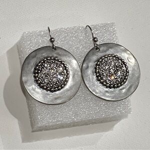 Chico's Dangle Boho Pierced Earrings Hammered SilverTone Round Rhinestones 1.25"
